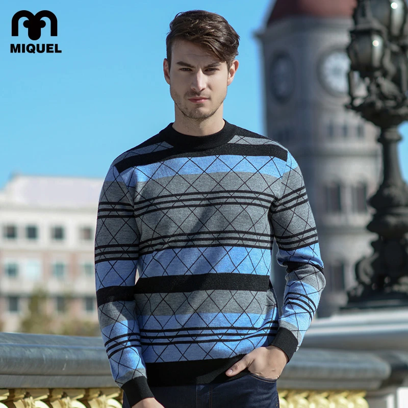 米盖尔商务休闲百搭圆领毛衣条格针织图案款长袖秋冬柔软亲肤舒适