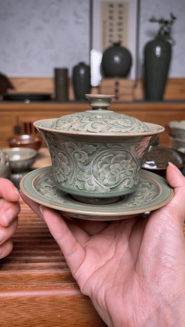 【闪购商品】其他王晓娜 纯手工秘色牡丹纹三才盖碗