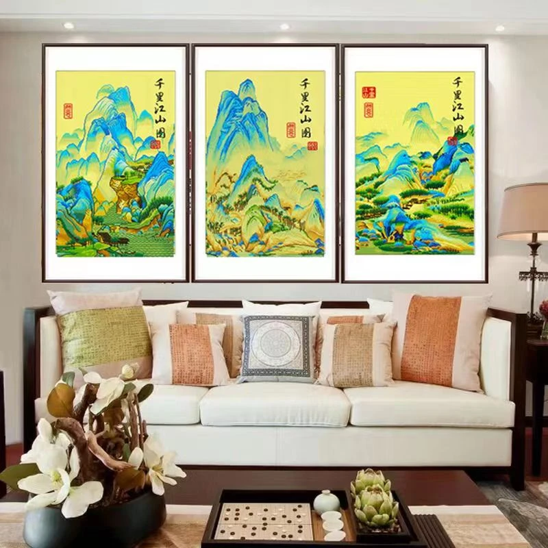 【特价福利不带针不带工具包】千里江山十字绣三联画