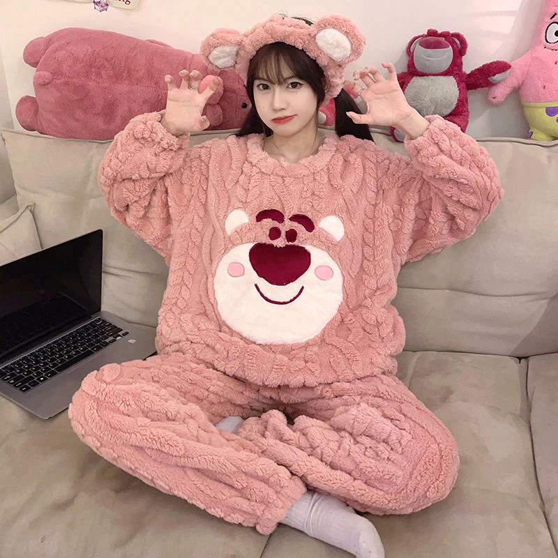 秋冬季加厚珊瑚绒睡衣女2023年新款红色小熊法兰绒宽松家居服套装