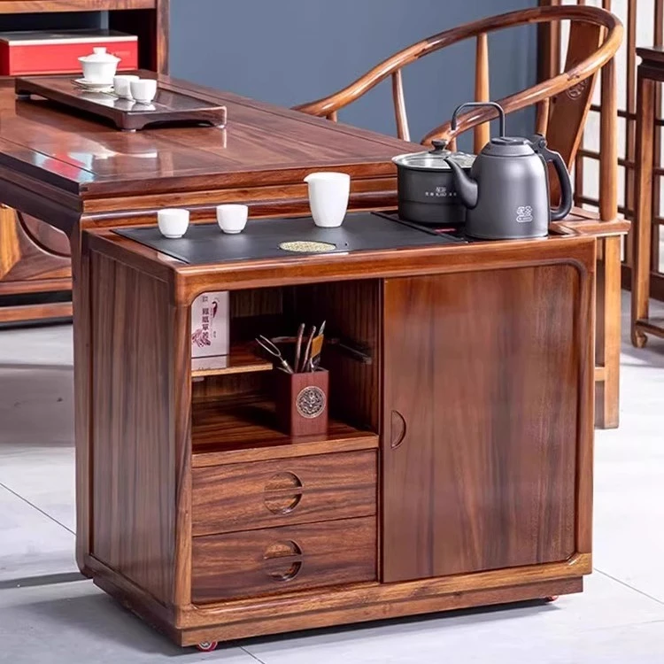 家用胡桃木茶水柜实木简约茶几办公室茶台移动移动泡茶桌烧水一体