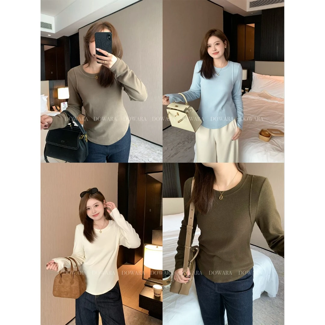 现货大婉酱微胖定制小蛮腰秋冬内搭打底衫女磨毛长袖T恤上衣5484D