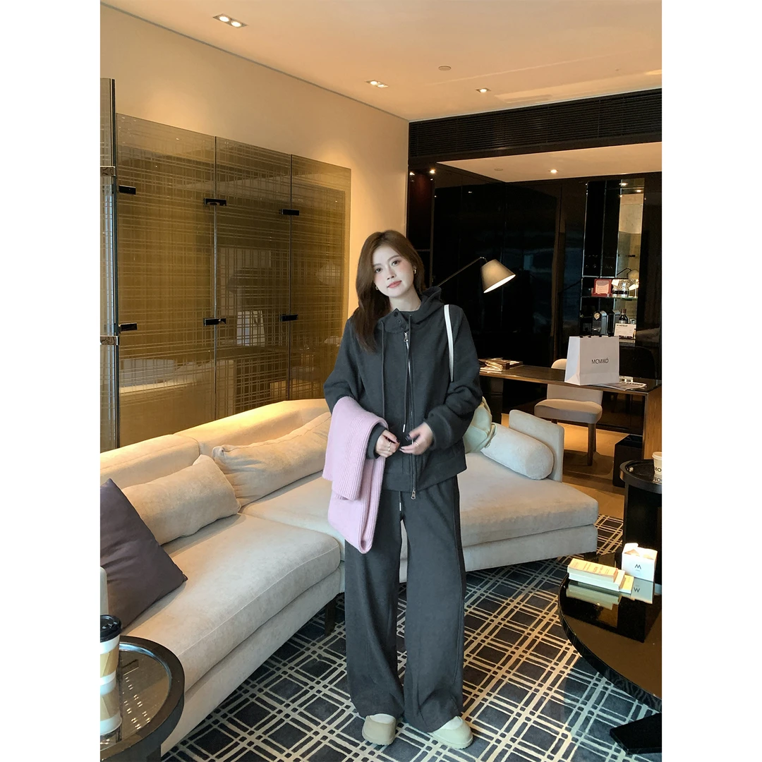 现货大婉酱微胖定制 慵懒风休闲半高领连帽套装松紧腰裤子女5906D