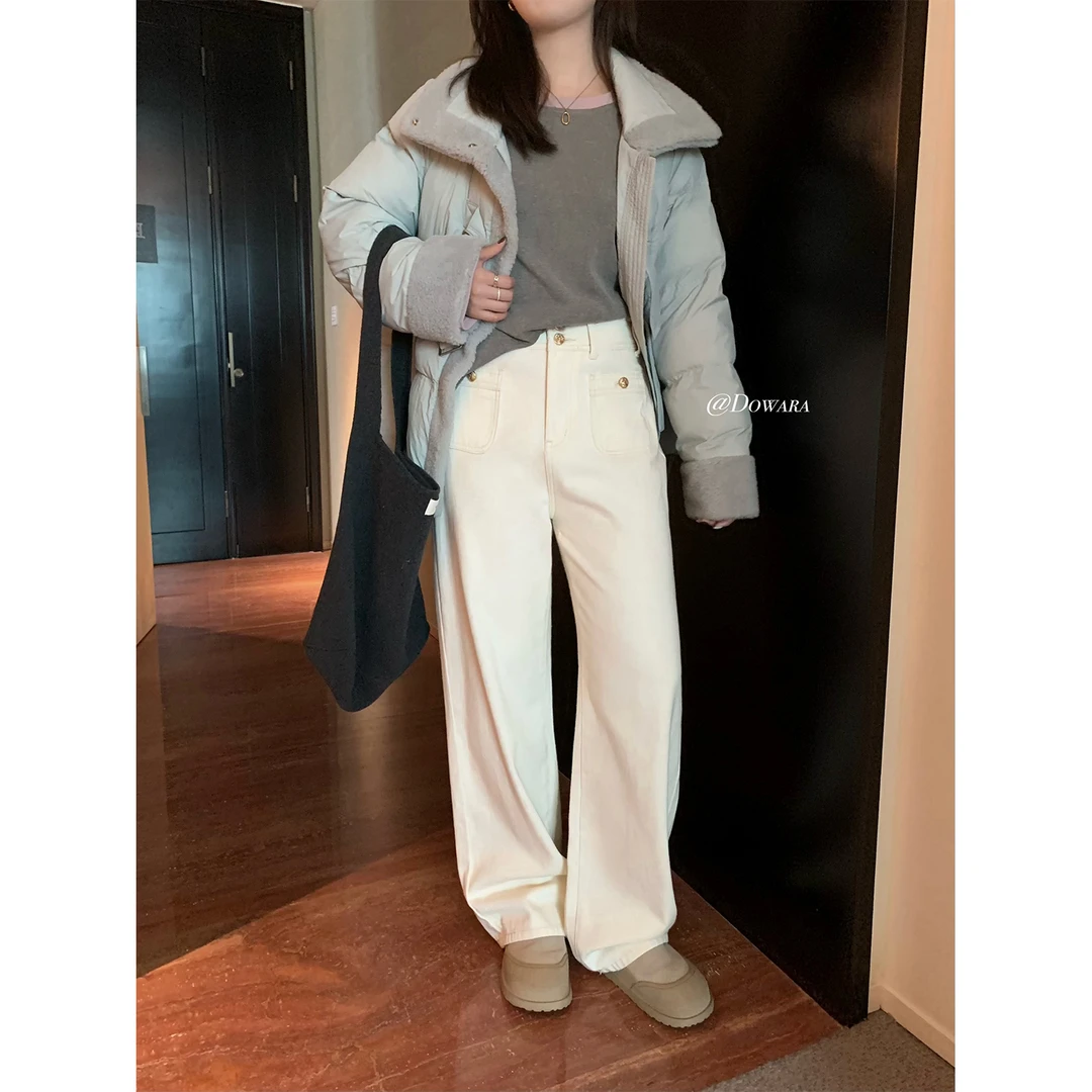 现货大婉酱微胖定制高腰显瘦直筒牛仔裤女宽松百搭抓绒长裤5817D