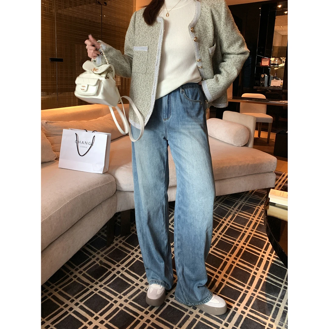 现货大婉酱微胖定制直筒牛仔裤女冬季抓绒显瘦宽松阔腿长裤 5594D