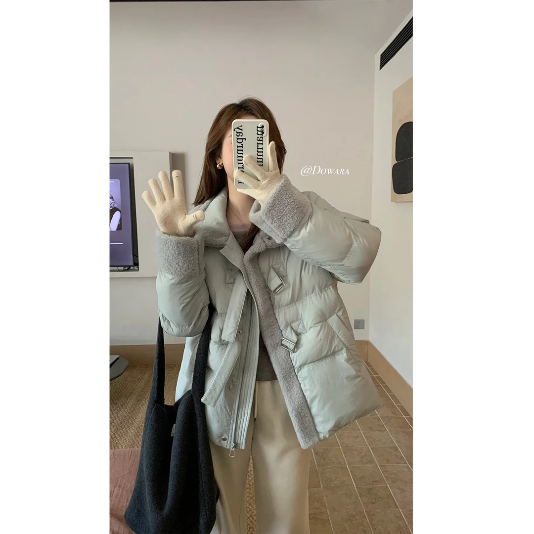 大婉酱微胖定制时尚设计感拼接棉服女加厚立领保暖外套 7390D