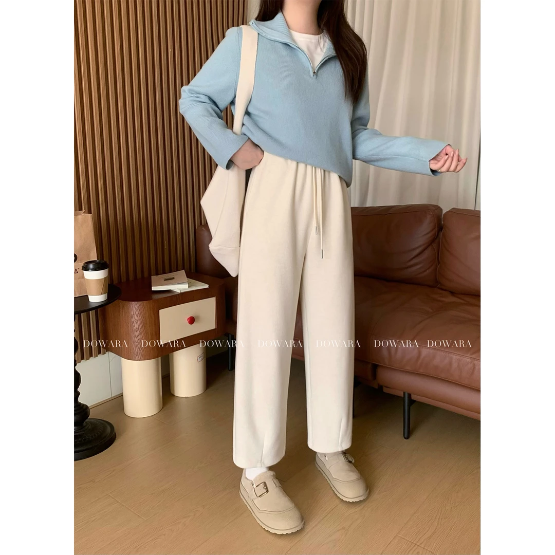 现货大婉酱微胖定制 松紧腰香蕉裤女加绒垂感百搭显瘦九分裤7508D