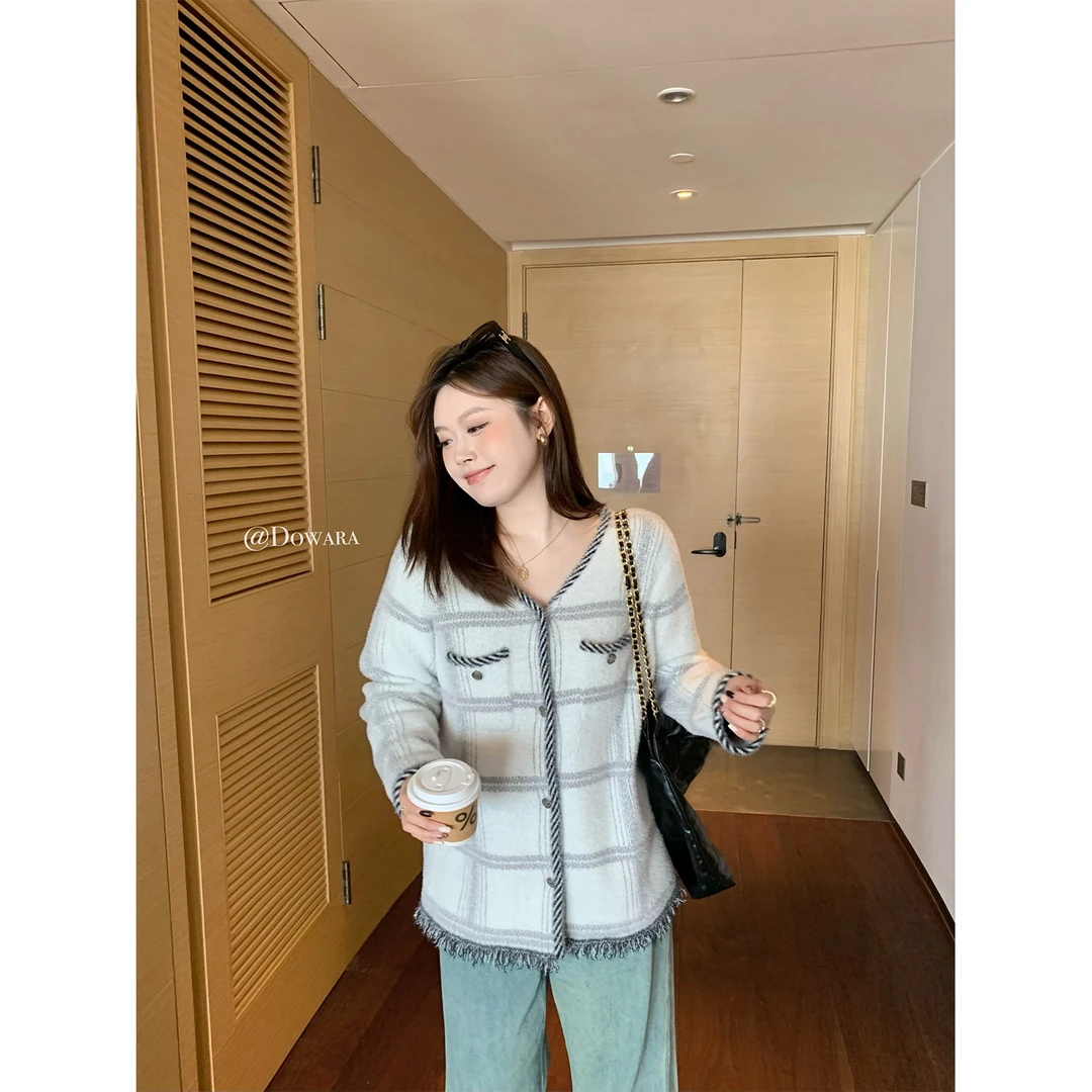 大婉酱微胖定制韩版气质毛衣开衫秋季新款拼色气质显瘦上衣5527D