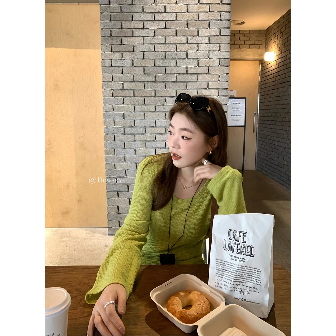 现货大婉酱微胖定制新款圆领长袖T恤气质后背镂空绑带针织衫5345D