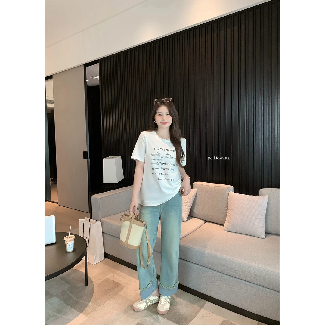 大婉酱微胖定制夏季复古薄款牛仔裤胖MM大码显瘦翻边阔腿裤 4983D