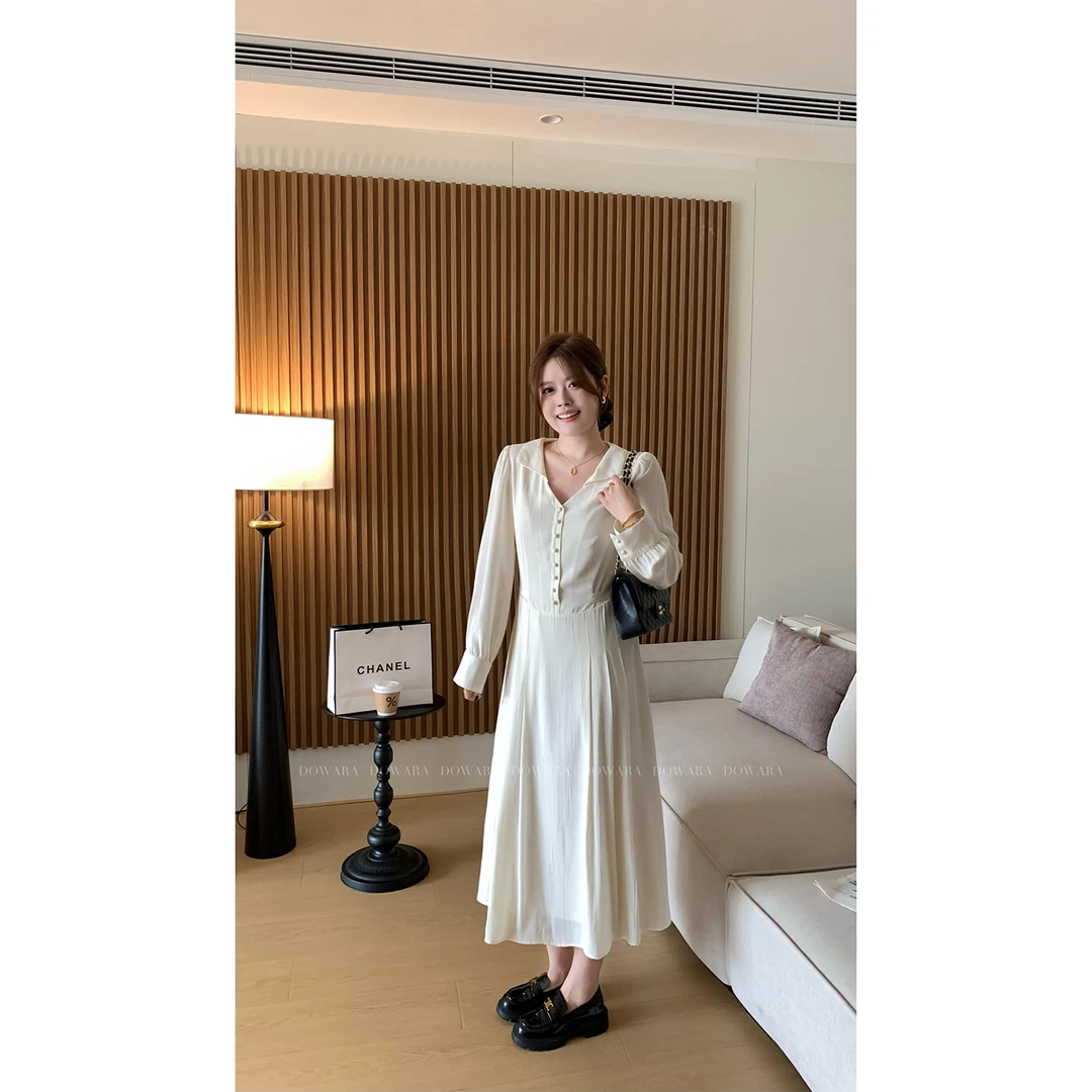 大婉酱微胖定制 法式长袖翻领连衣裙秋季高级感气质收腰长裙5652D