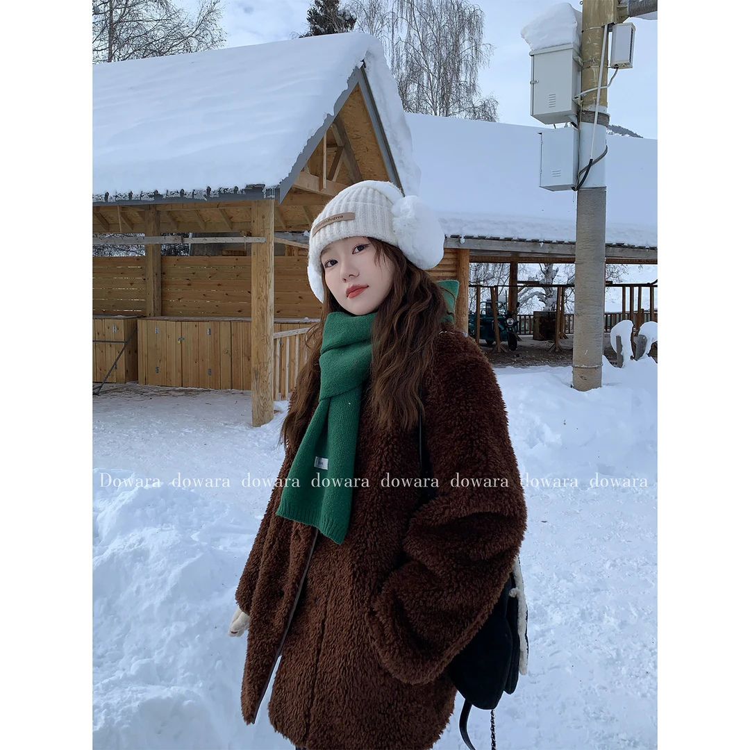 现货大婉酱微胖定制韩版复古加厚宽松毛毛一体外套保暖上衣 7645D