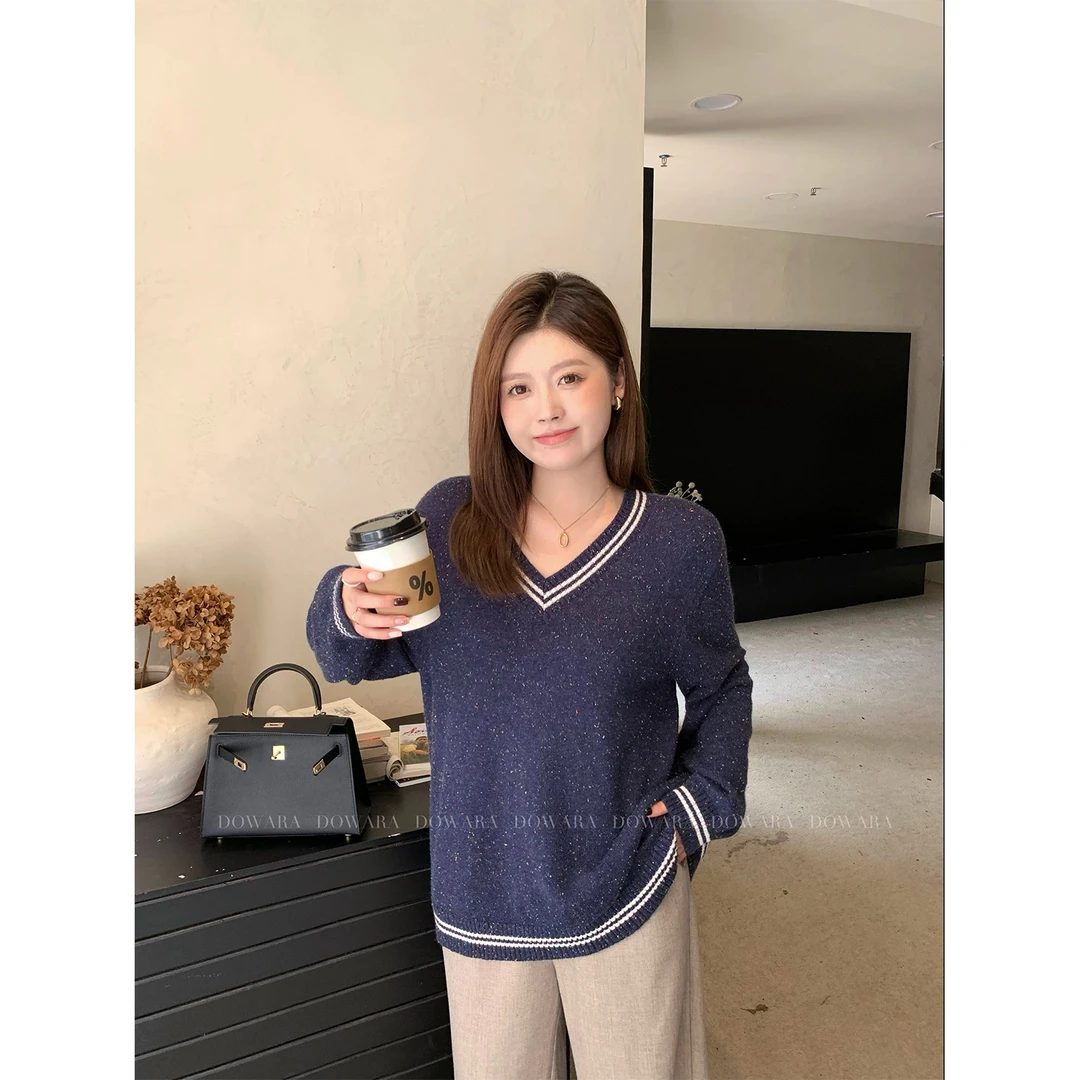 大婉酱微胖定制韩版V领杂色毛衣气质时髦宽松秋冬百搭针织衫5428D