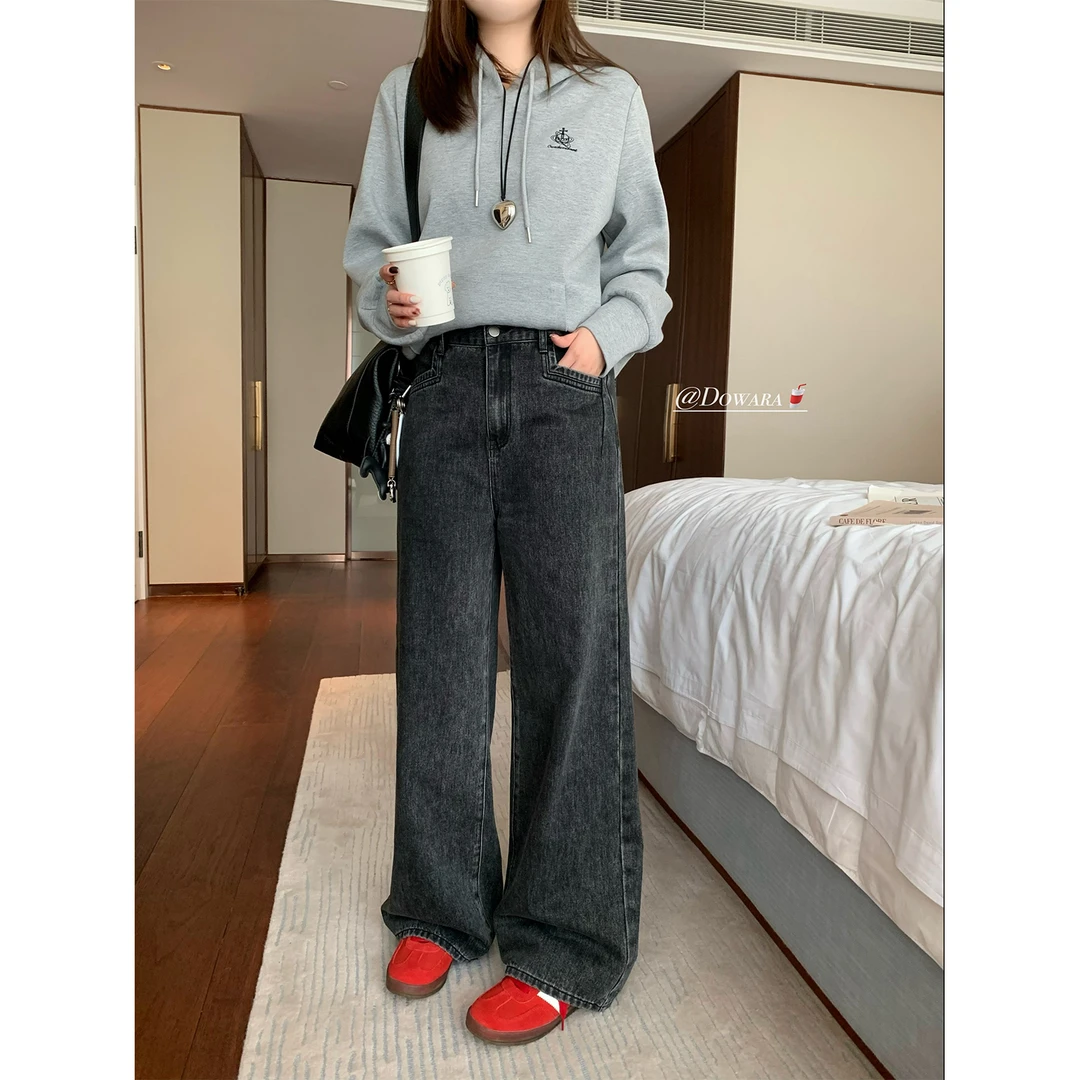 现货大婉酱微胖定制 韩系复古牛仔裤深灰色宽松显瘦直筒裤女5721D