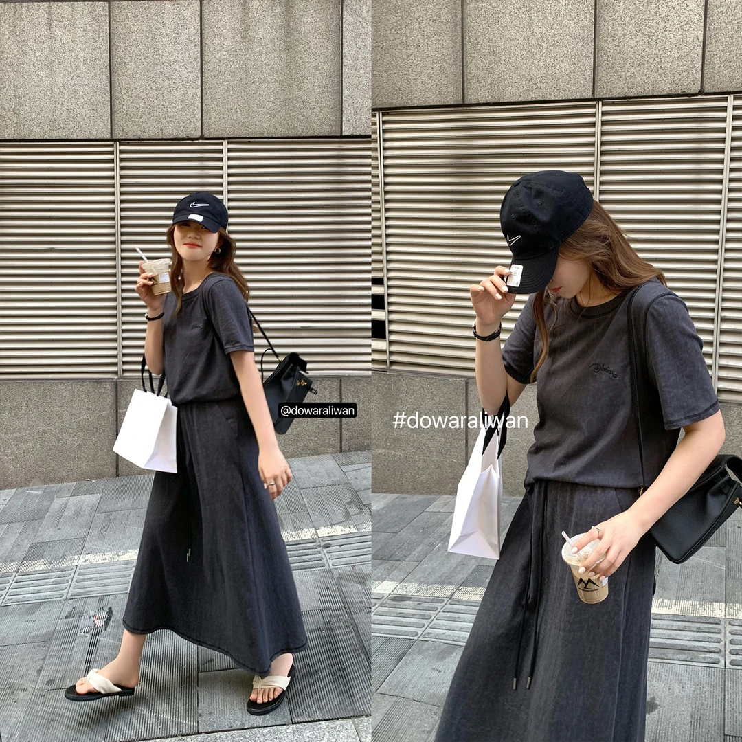 现货折扣3843D大婉酱微胖定制 韩系宽松慵懒T恤+半身裙套装