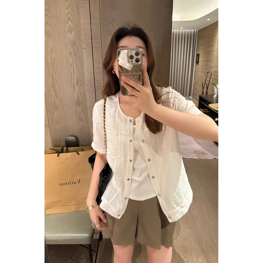 现货5223D大婉酱微胖定制 韩版百搭亚麻混纺白色新款气质圆领上衣