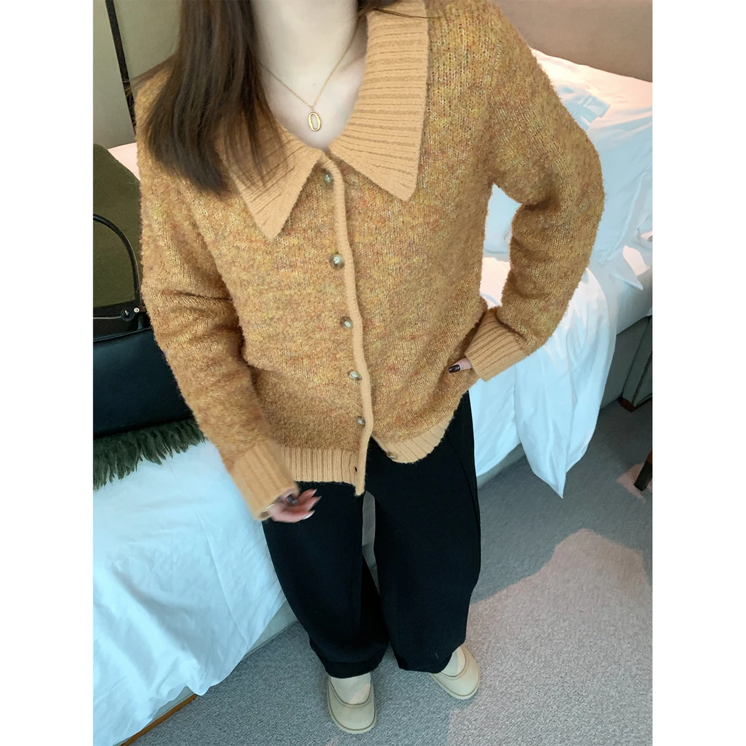 大婉酱微胖定制韩系秋冬女装慵懒风拼接翻领显瘦百搭毛衣女 5502D