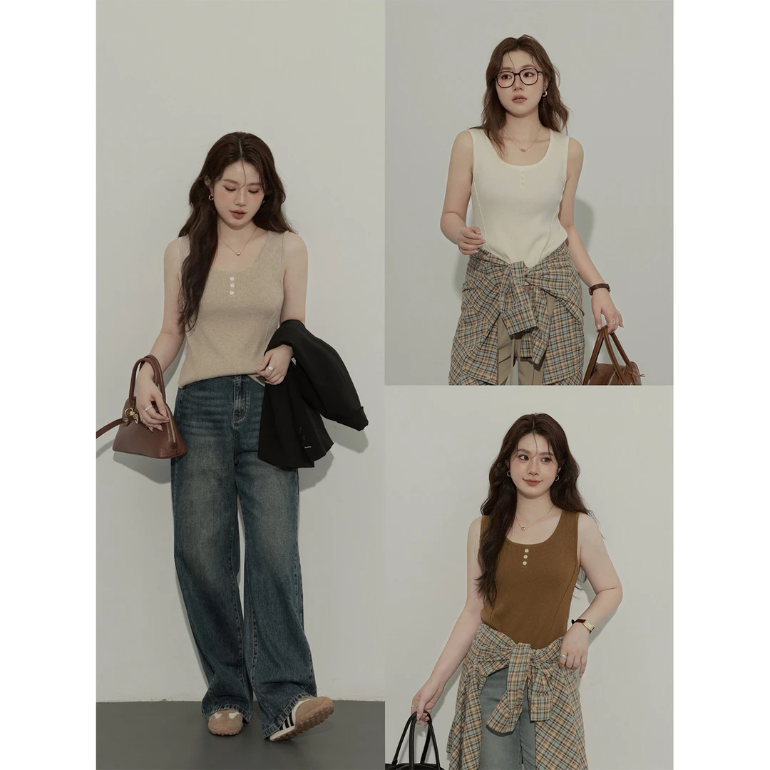 大婉酱微胖定制 羊毛混纺多色显瘦上衣秋季打底内搭吊带背心5374D