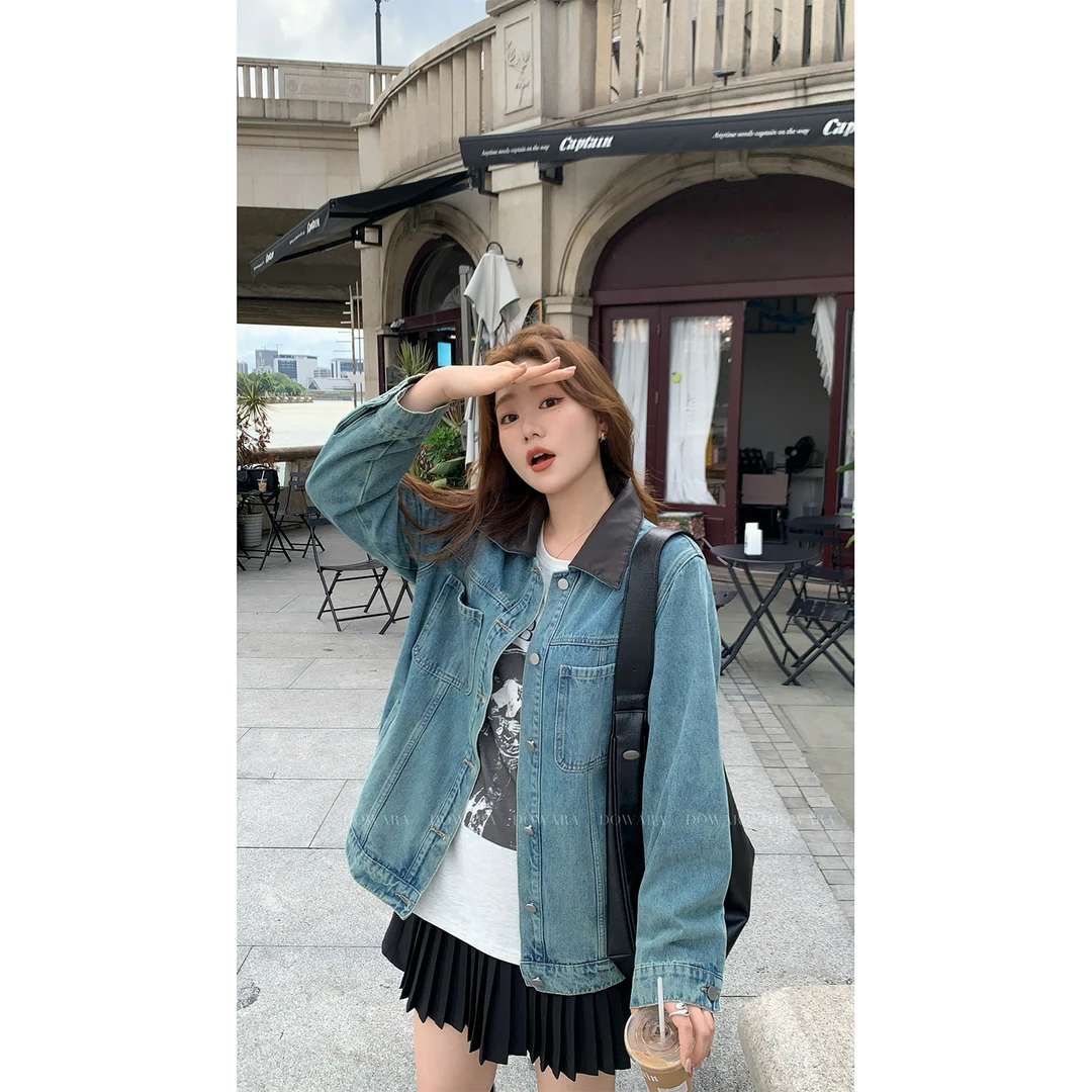 现货5439D大婉酱微胖定制 蓝色韩版牛仔外套秋季复古做旧短款夹克