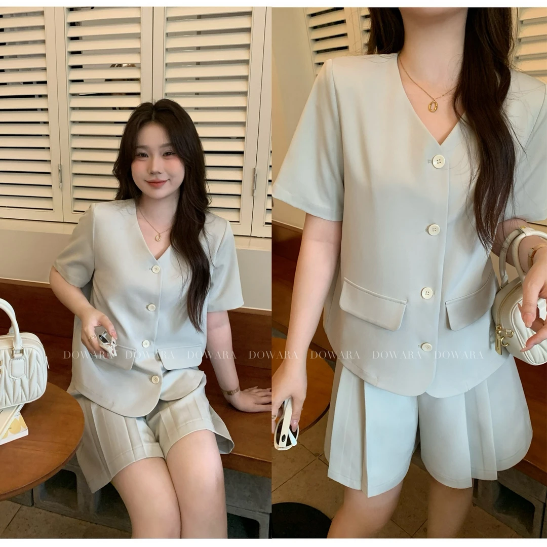 大婉酱微胖定制 韩系设计气质短袖西装外套夏季百褶短裤套装6146D