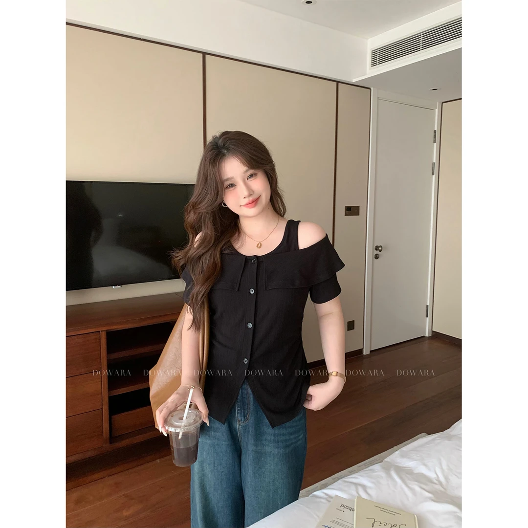 大婉酱微胖定制高考毕业季女韩版露肩假两件上衣夏季气质T恤5165D