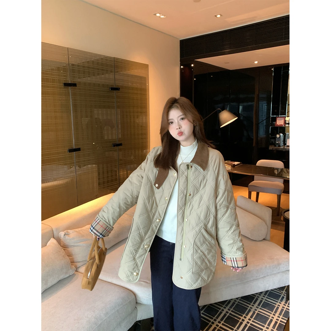 现货大婉酱微胖定制 菱格外套韩版百搭加厚保暖宽松显瘦棉服5821D