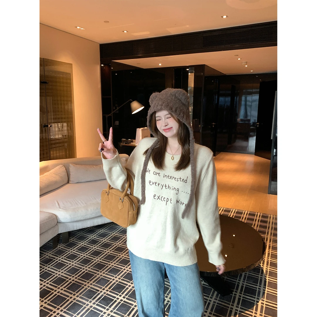 现货大婉酱微胖定制字母刺绣毛衣女宽松外穿慵懒风圆领上衣 7133D