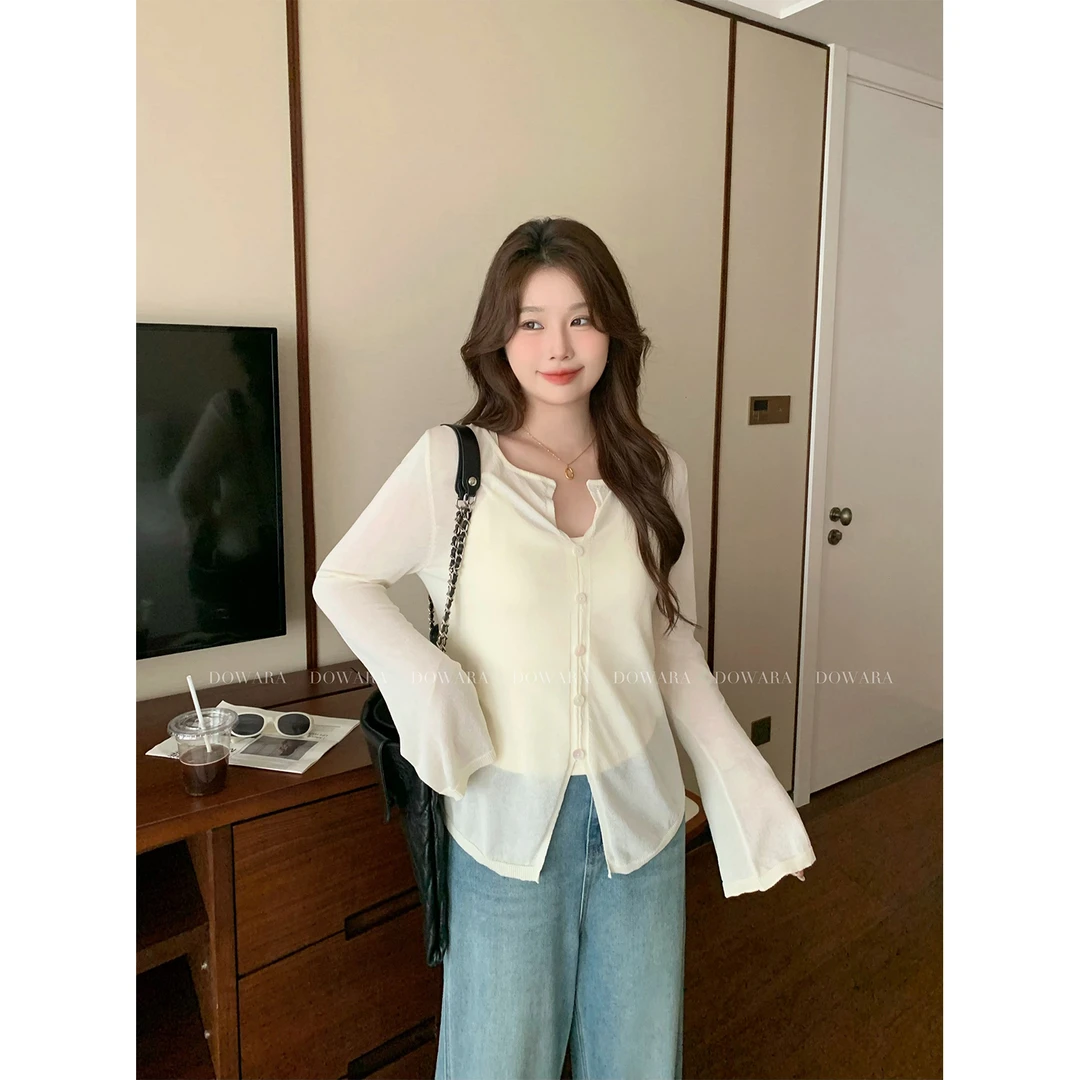 大婉酱微胖定制 韩系慵懒风米杏色薄款罩衫夏季外搭气质上衣6178D