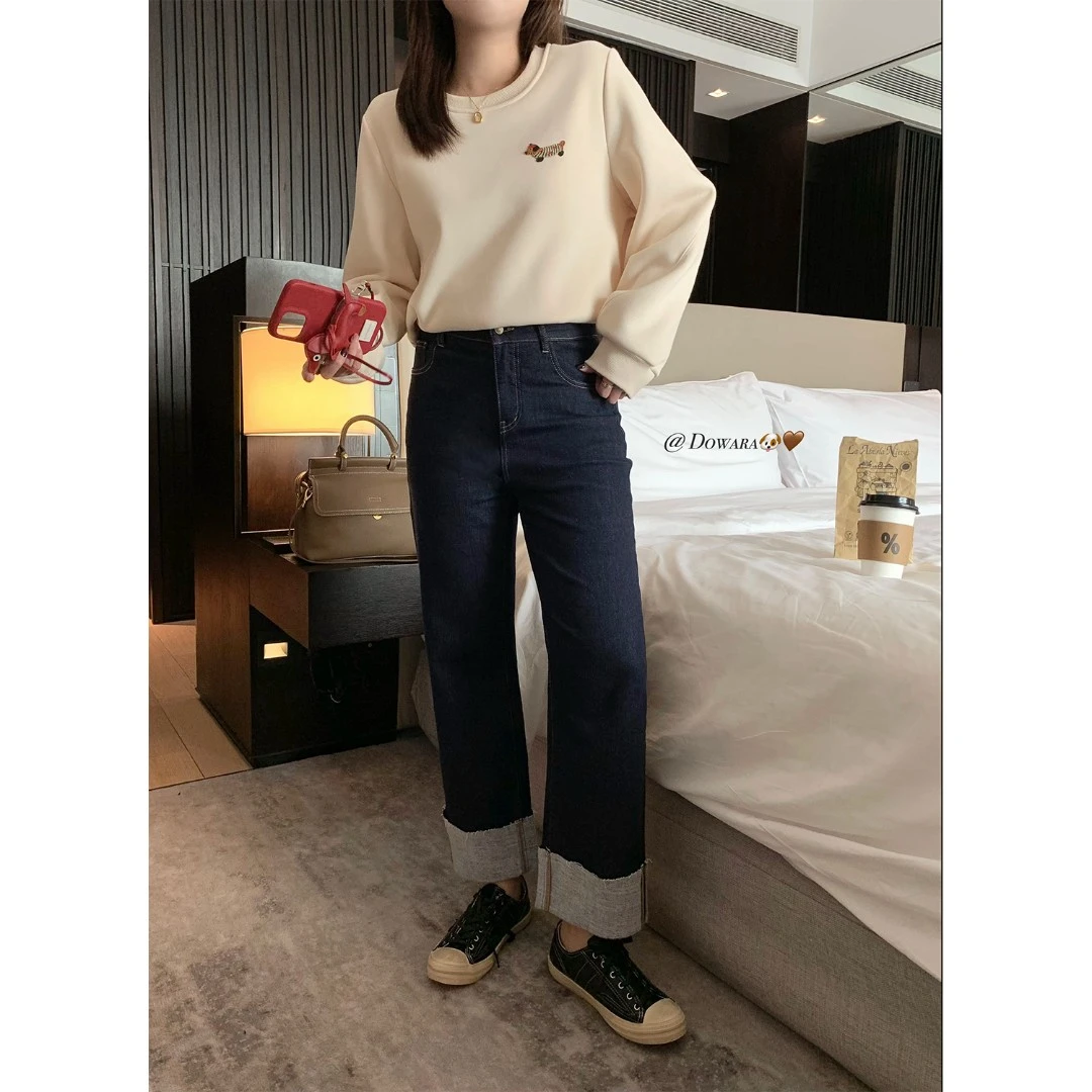 现货大婉酱微胖定制韩版新款直筒牛仔裤复古百搭磨毛九分裤 5698D