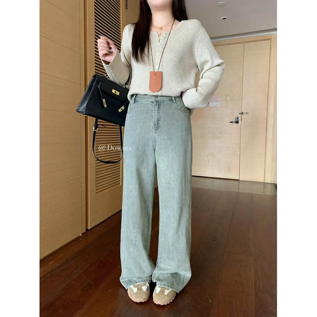 大婉酱微胖定制 秋季韩系小众复古显瘦水洗直筒长裤牛仔裤女7019D