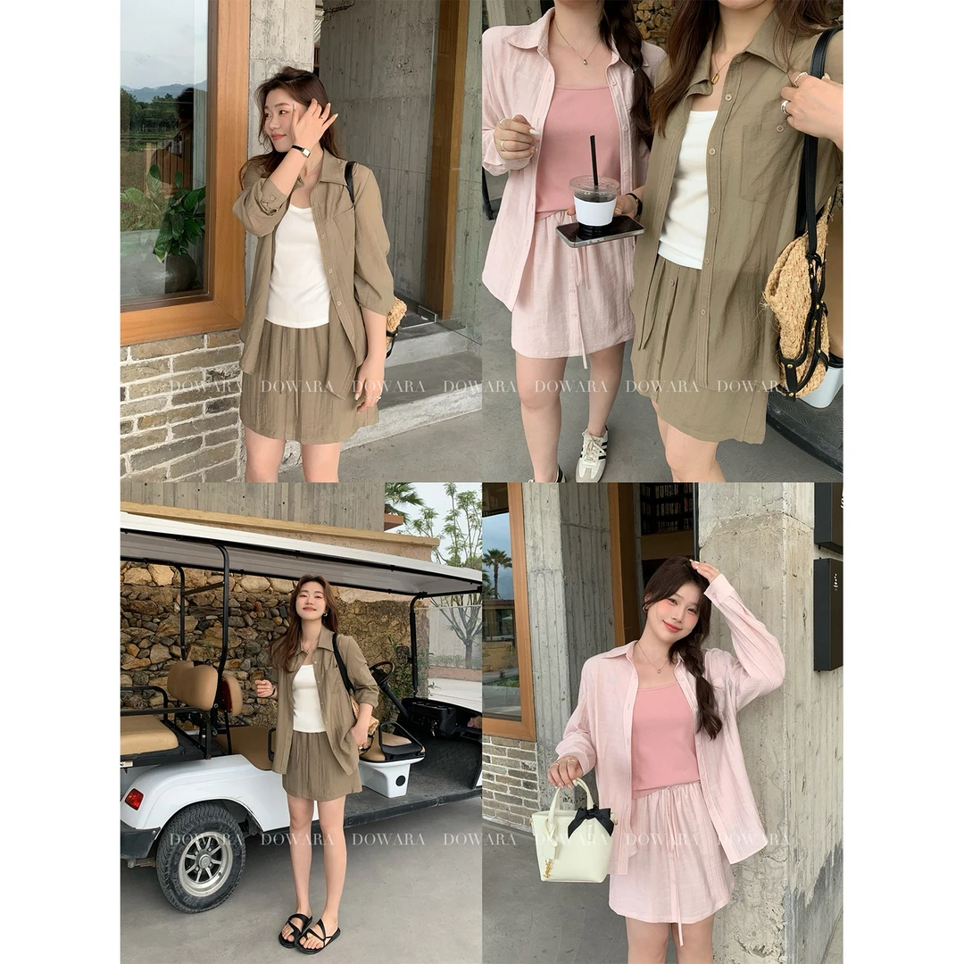 大婉酱微胖定制【半日闲】 风感波粒轻透防晒衬衫休闲裤裙套装4821D