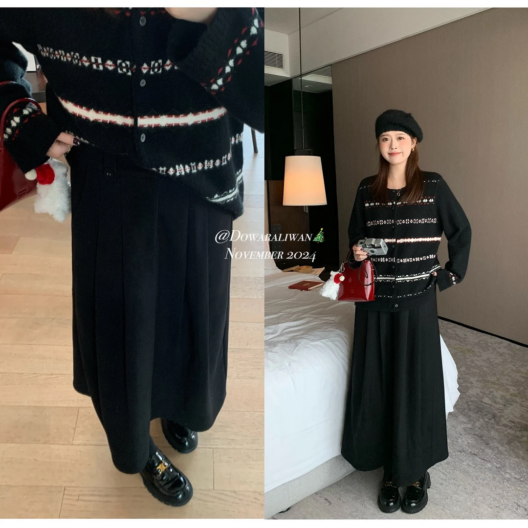 现货大婉酱微胖定制黑色半身长裙女新款高腰a字裙显瘦百褶裙5876D