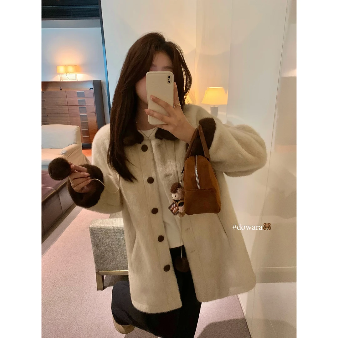 现货大婉酱微胖定制 韩版中长款宽松慵懒毛毛外套设计感上衣7653D