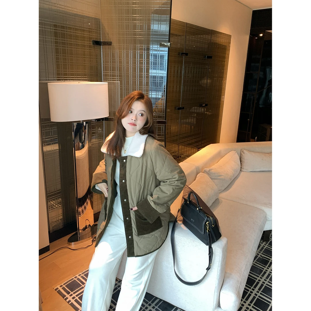 大婉酱微胖定制 冬季韩版复古加绒加厚翻领设计撞色棉服外套7163D