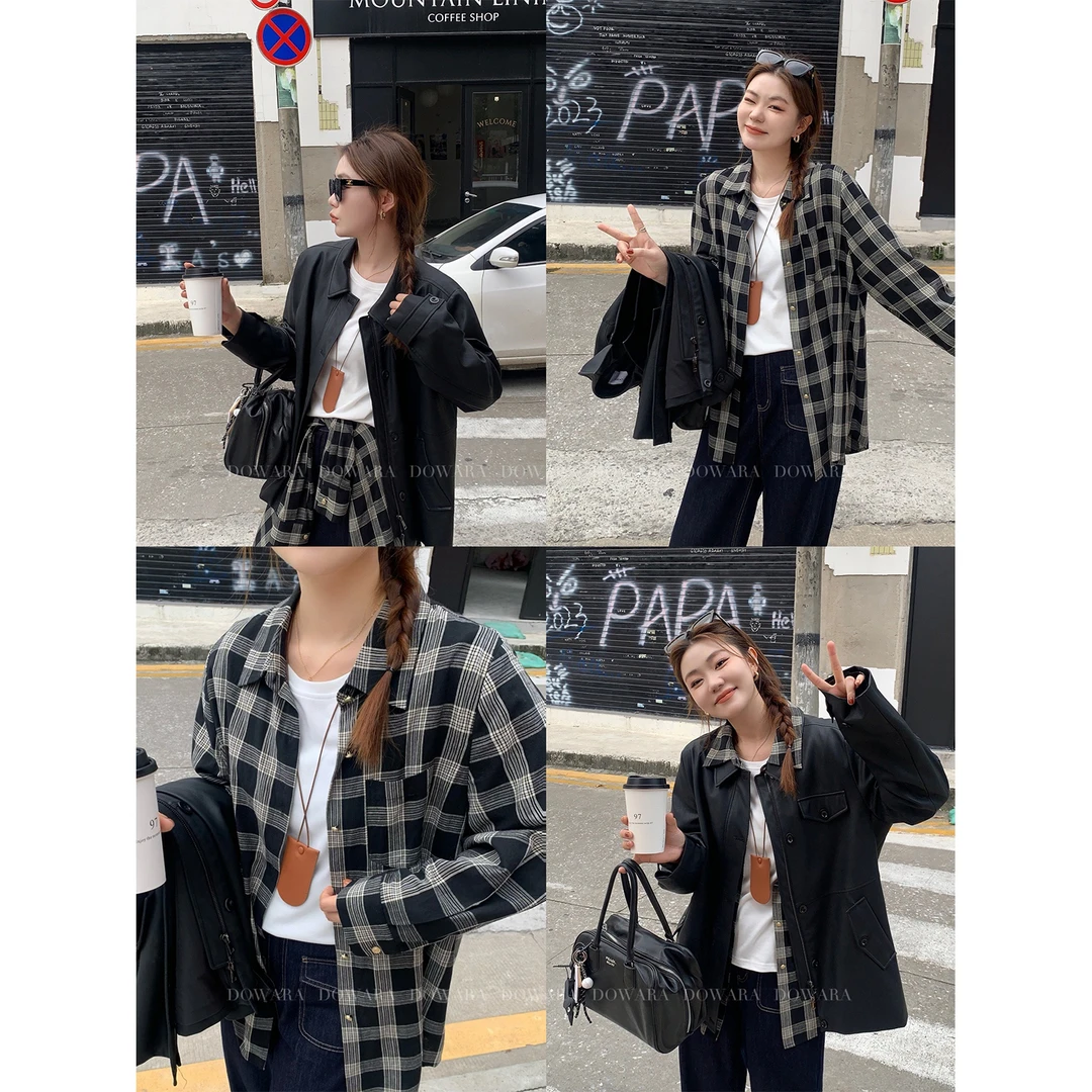 大婉酱微胖定制 经典黑白格纹宽松休闲长袖衬衫秋季韩版衬衣7266D