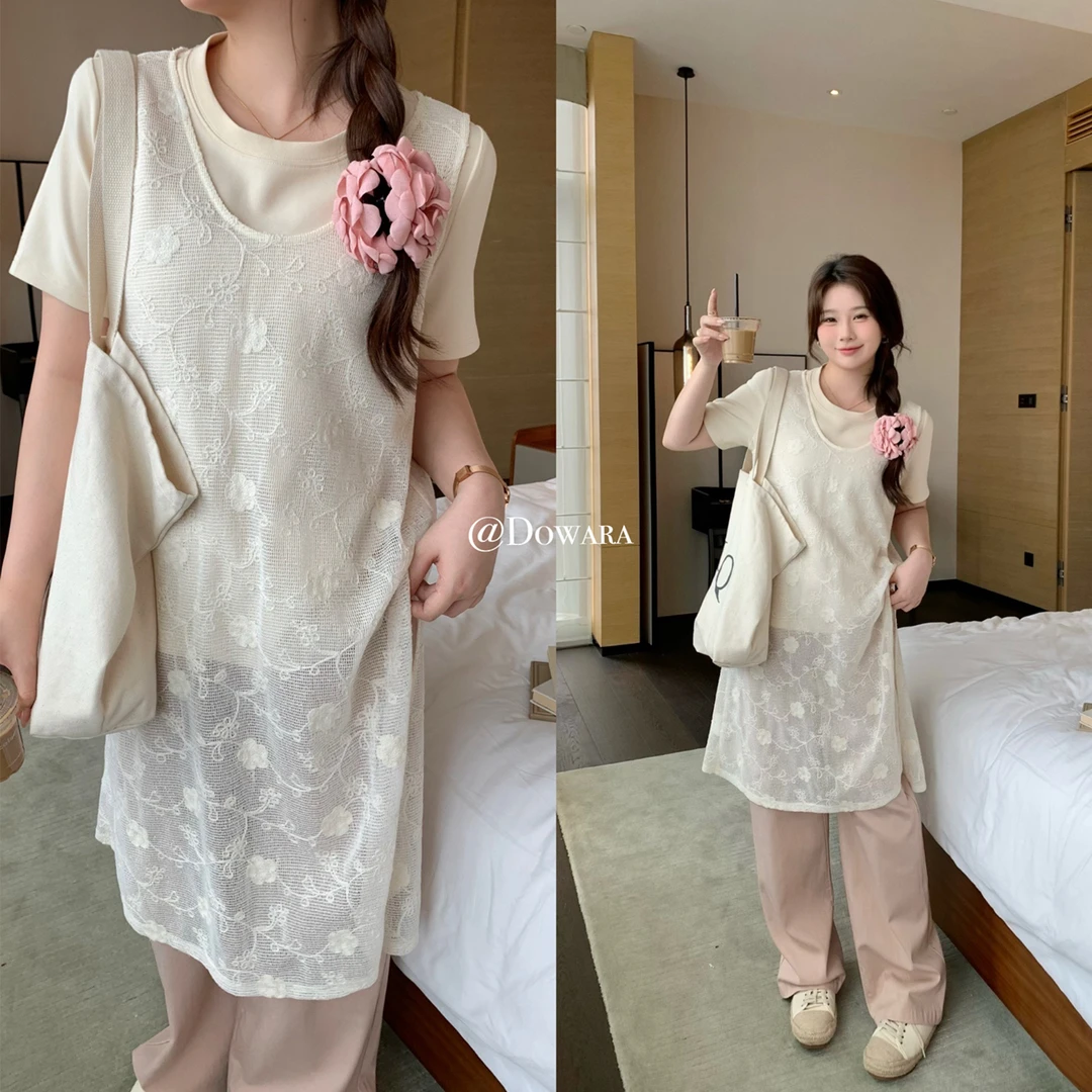 大婉酱微胖定制韩系 叠穿罩衫裙女夏季新款镂空设计感连衣裙6071D