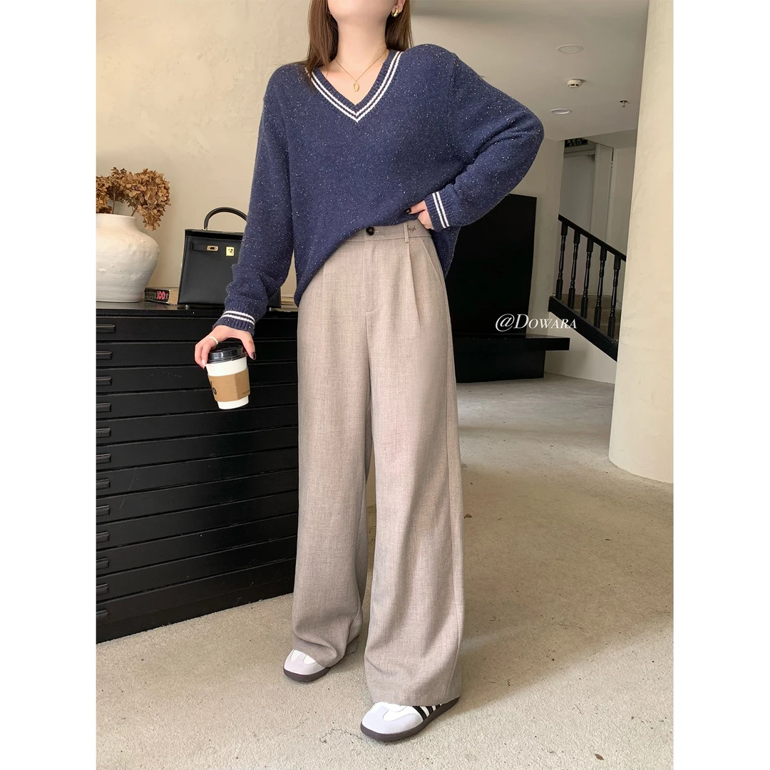 大婉酱微胖定制 韩系雅丹风浅咖色复古休闲裤秋季宽松直筒裤5601D