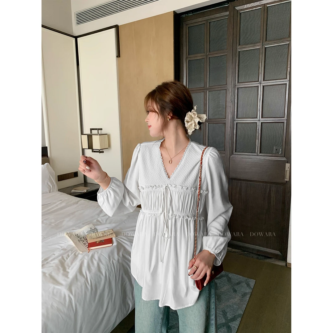 大婉酱微胖定制法式套头衬衫女秋季V领灯笼袖系带木耳边上衣5532D