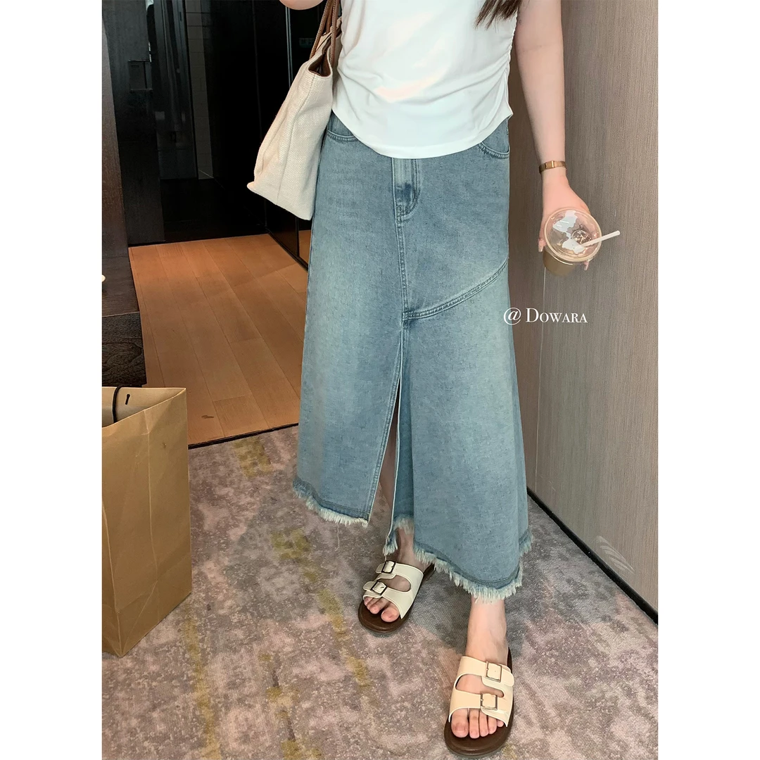 大婉酱微胖定制韩系设计感毛边牛仔半身裙夏季新款显瘦裙子 4898D