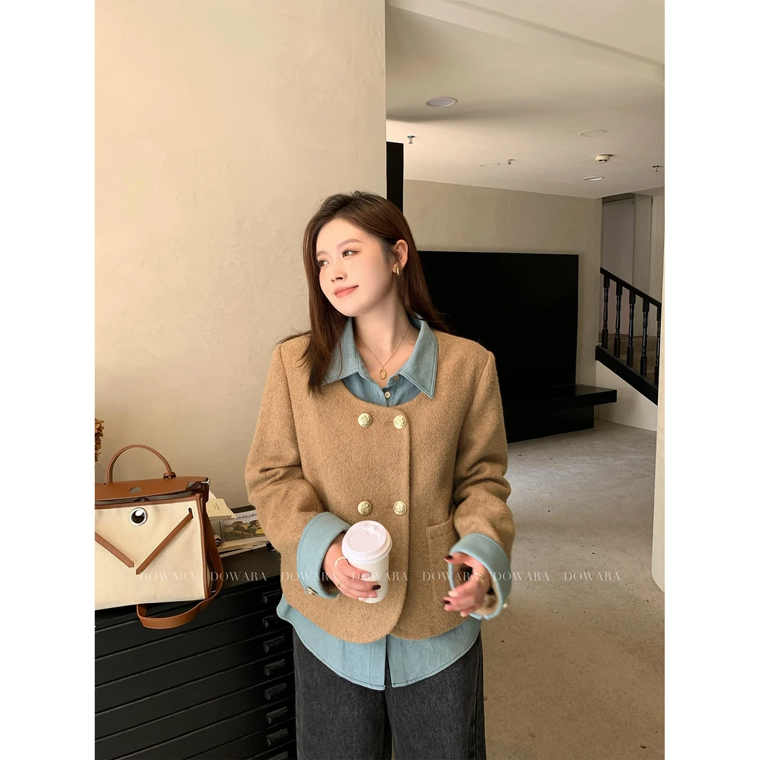 大婉酱微胖定制绵羊毛小香风外套女复古假两件拼接气质上衣 7249D