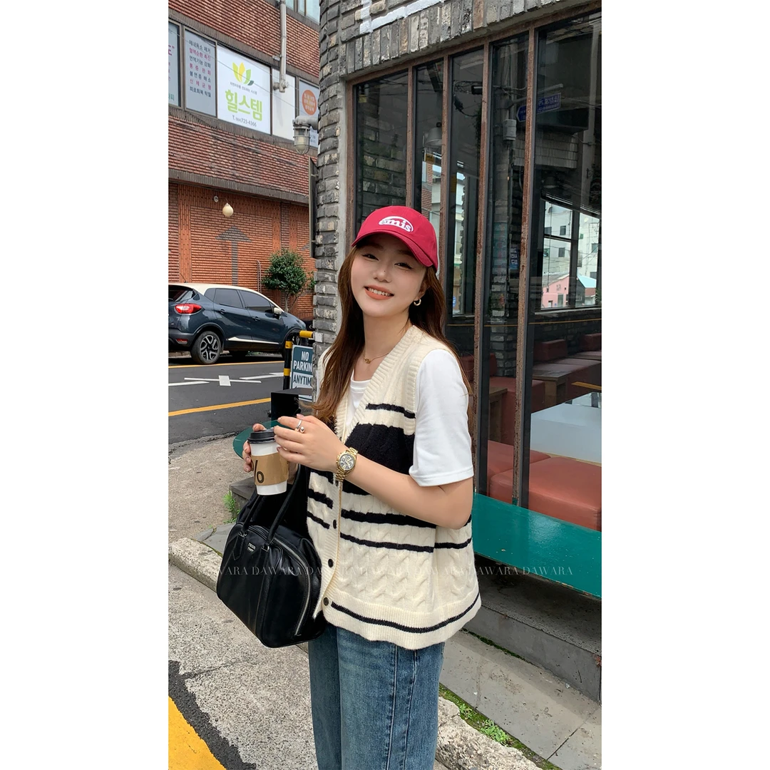 大婉酱微胖定制韩系复古秋季百搭拼色V领毛衣针织衫叠穿上衣5277D