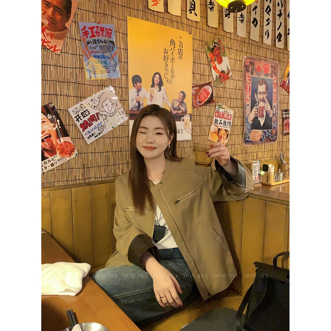 现货大婉酱微胖定制 韩系设计感拼接外套女宽松百搭复古夹克5668D