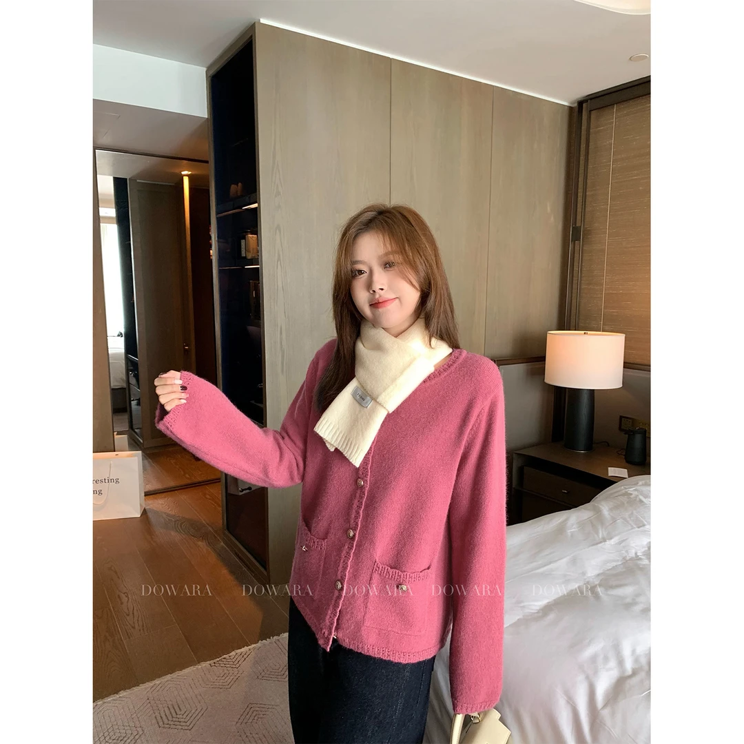 大婉酱微胖定制 圆领针织单排扣毛衣2024新款纯色长袖上衣女5864D