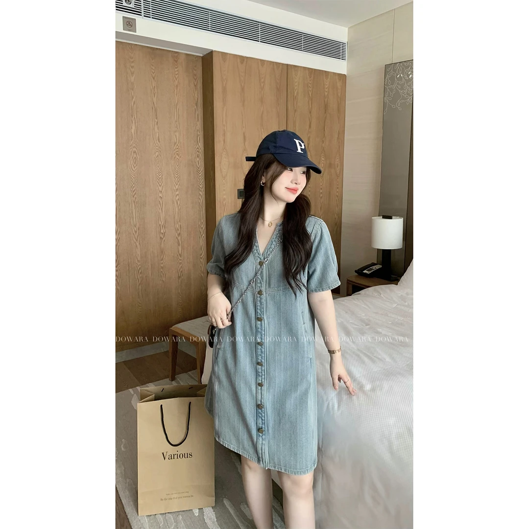 大婉酱微胖定制 韩系休闲条纹牛仔连衣裙夏季显瘦遮肉衬衫裙5264D