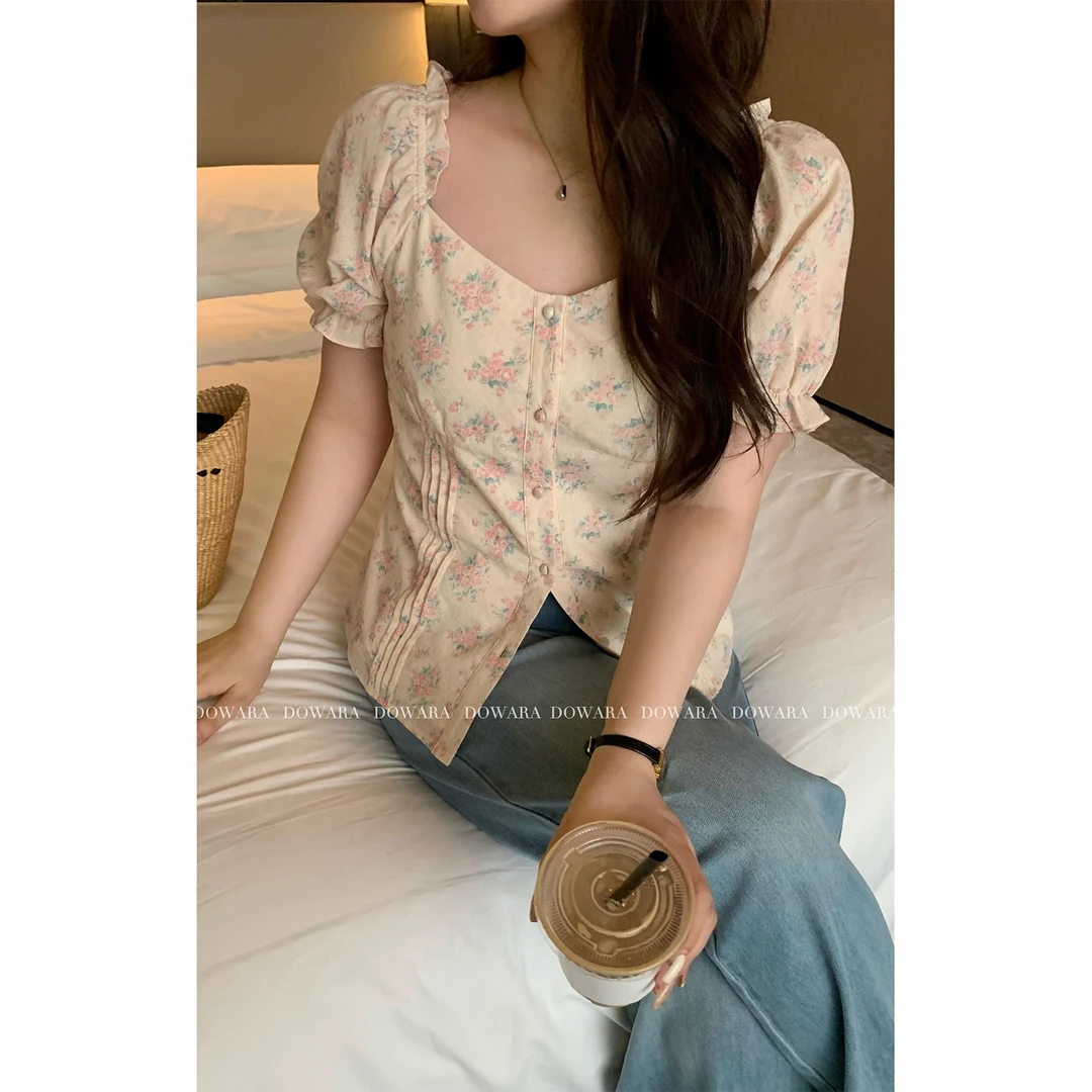 大婉酱微胖定制法式碎花短袖衬衫夏季新款100棉方领显瘦上衣6016D