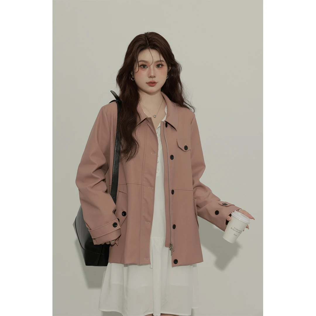 现货大婉酱微胖定制 秋季新款PU皮衣外套高级美式复古皮夹克6289D