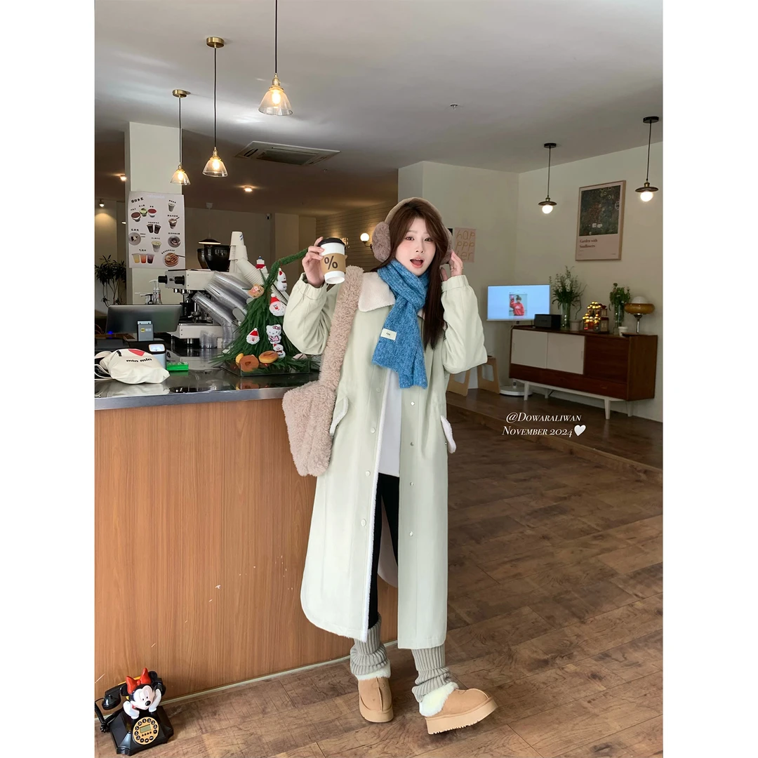 大婉酱微胖定制 韩版冬季中长款加厚毛毛风衣外套设计感大衣6405D