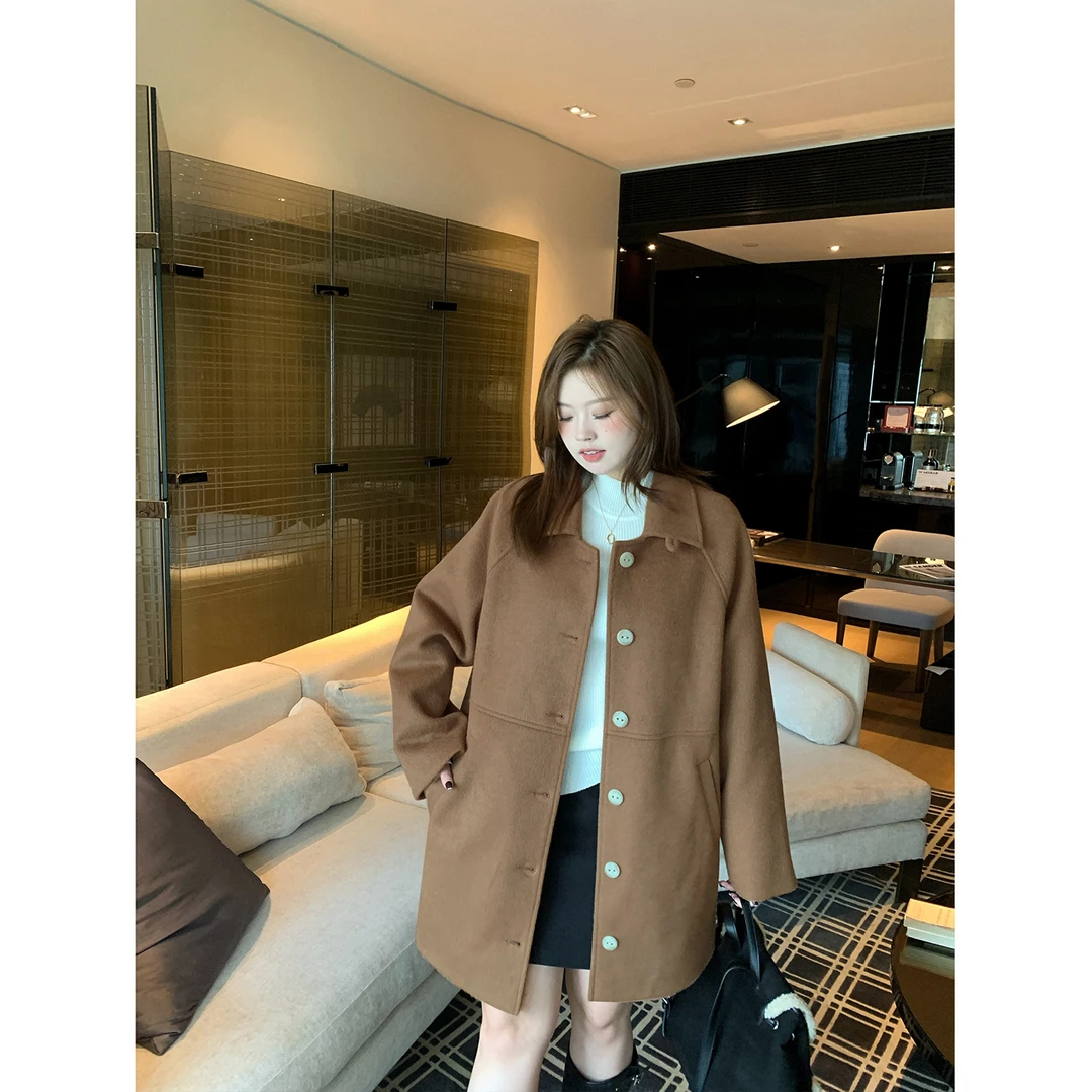 大婉酱微胖定制美拉德韩系宽松高级感毛呢外套女绵羊毛大衣 7221D