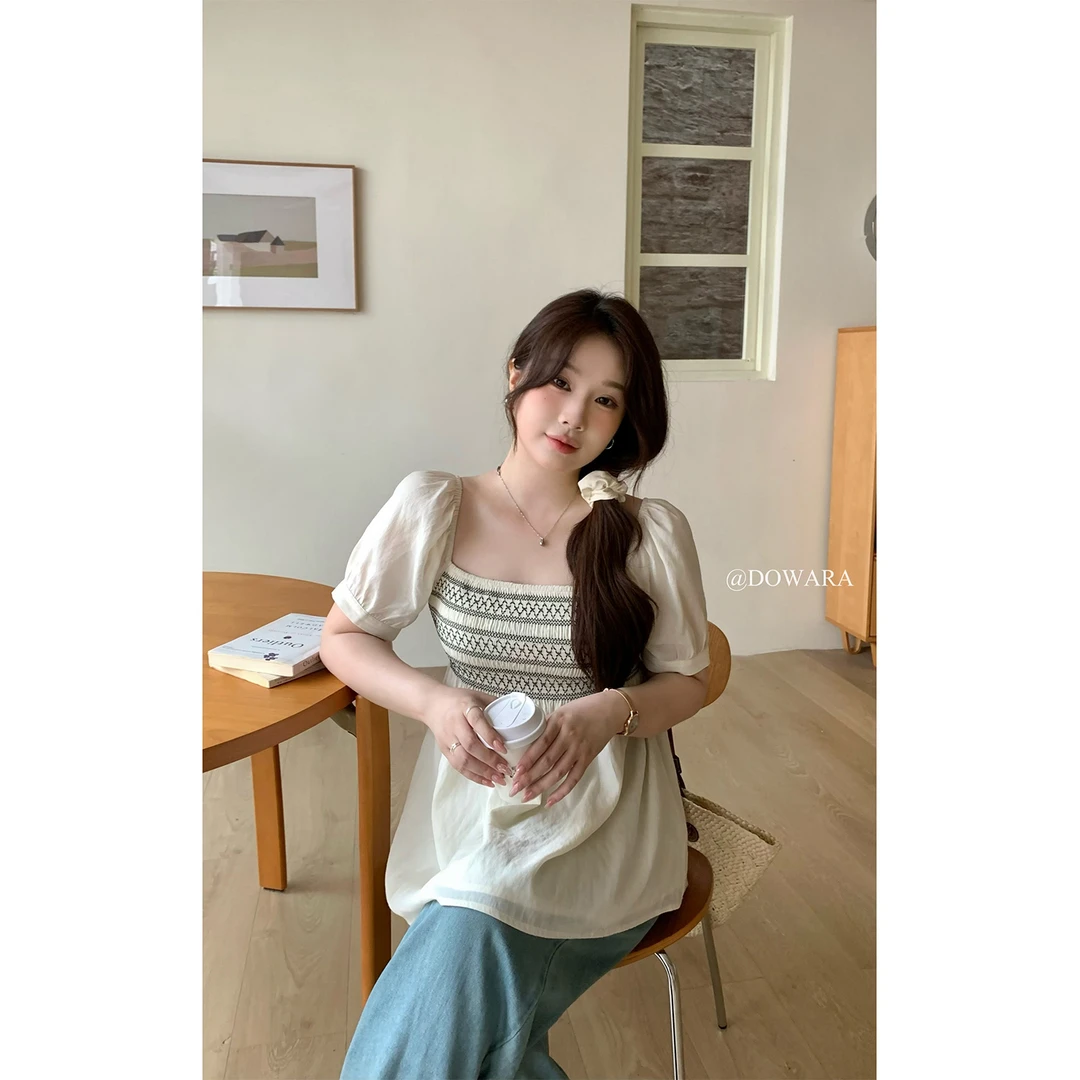 大婉酱微胖定制 法式方领衬衫女夏季设计感显瘦百搭休闲上衣6040D
