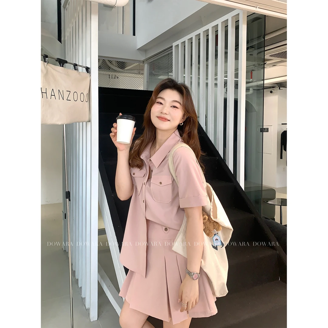 大婉酱微胖定制减龄穿搭套装休闲衬衫+短款工字褶A字半身裙 6233D